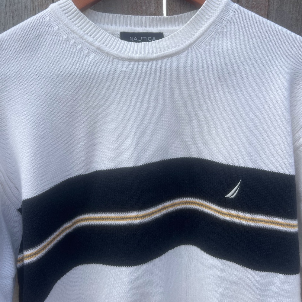Nautica Men's 90’s style White and blue Crewneck Sweater